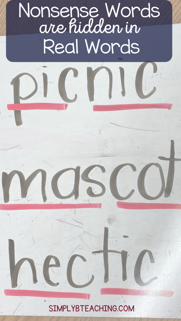 Multi-syllable words picnic, mascot, and hectic are broken up based on their nonsense words.