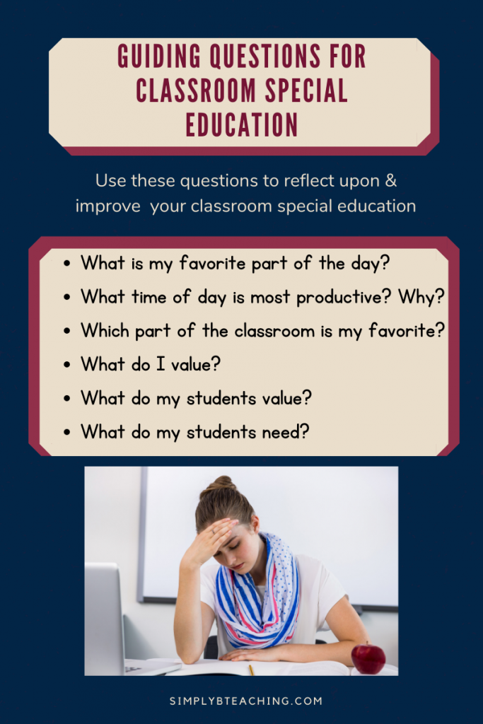 A teacher sits at the desk with her head in her hand as she thinks about how to improve her inclusive classroom management for special education