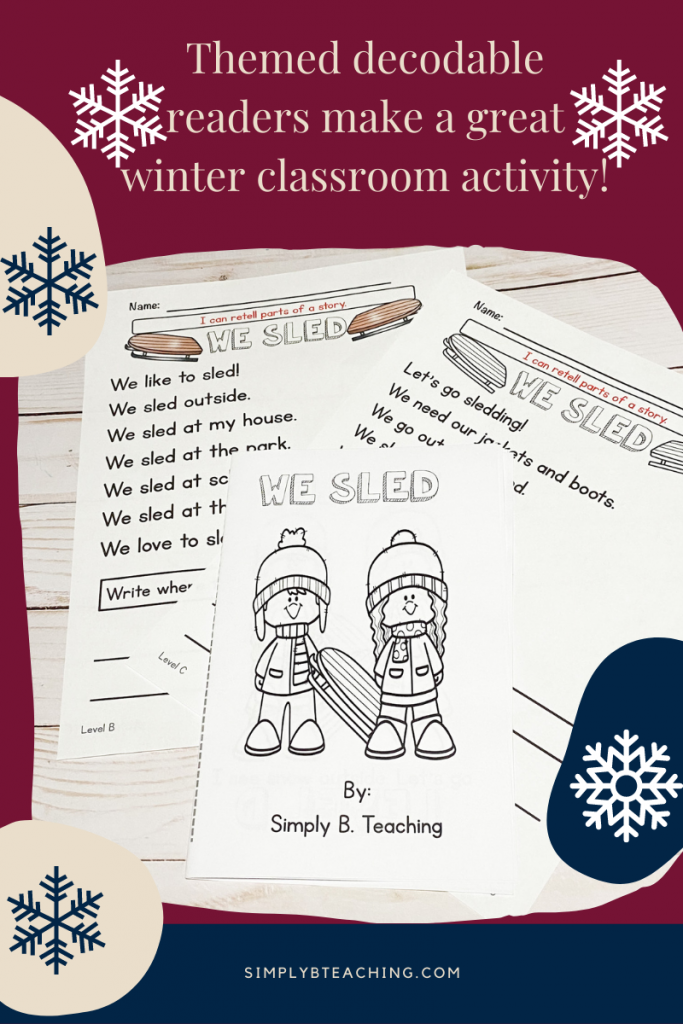 A picture of winter reading passages on a maroon background reads themed decodable readers are a great winter classroom activity!
