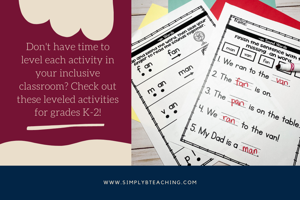 Multiple levels of a worksheet are shown to promote a special education inclusive classroom