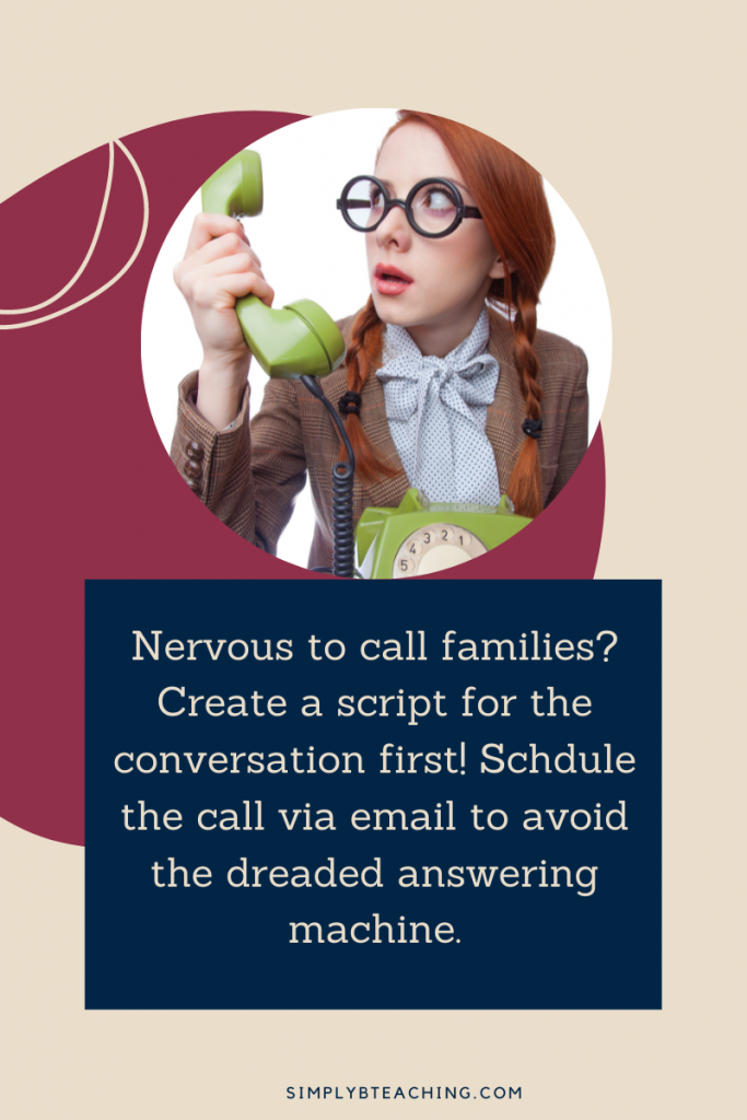 A confused teacher holds a phone. Text reads "nervous to call families? create a script for the conversation first!"