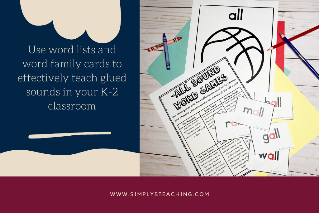 Blue text reads: Use movement, word lists, word cards and games to teach your students the glued sounds to improve their reading and writing. 