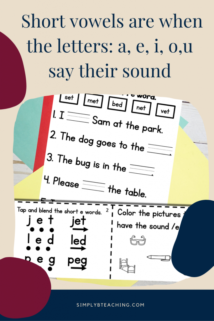A short vowel activity book lays on a table. Text above reads: short vowels are when the letters a, e, i, o, u say their sound.