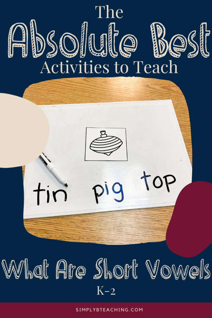 A whiteboard shows a picture of top and the short vowel words tin, pin, and top.