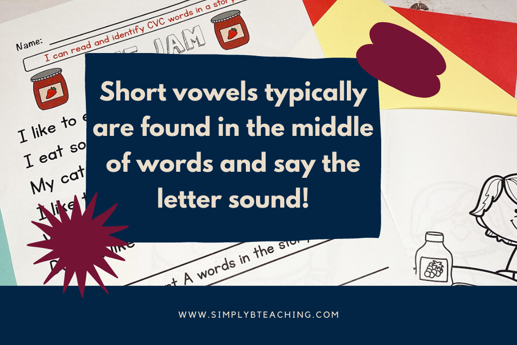 A short vowel reading passage about jam sits on a table. Text above reads: short vowels are typically found in the middle of words.