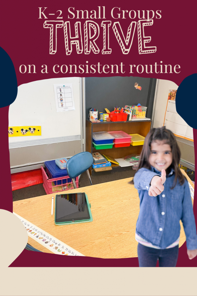 A first grade girl stands in front of a table with a thumbs up sign. Text reads: how to easily and consistently teach small groups in the k-2 classroom