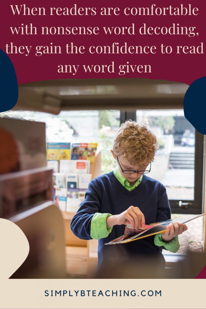 A young boy confidently reads a book in the library after practicing nonsense words