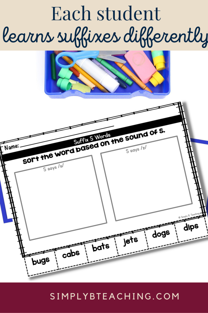 A suffix sorting worksheet sits below text that reads: each student learns suffixes differently.