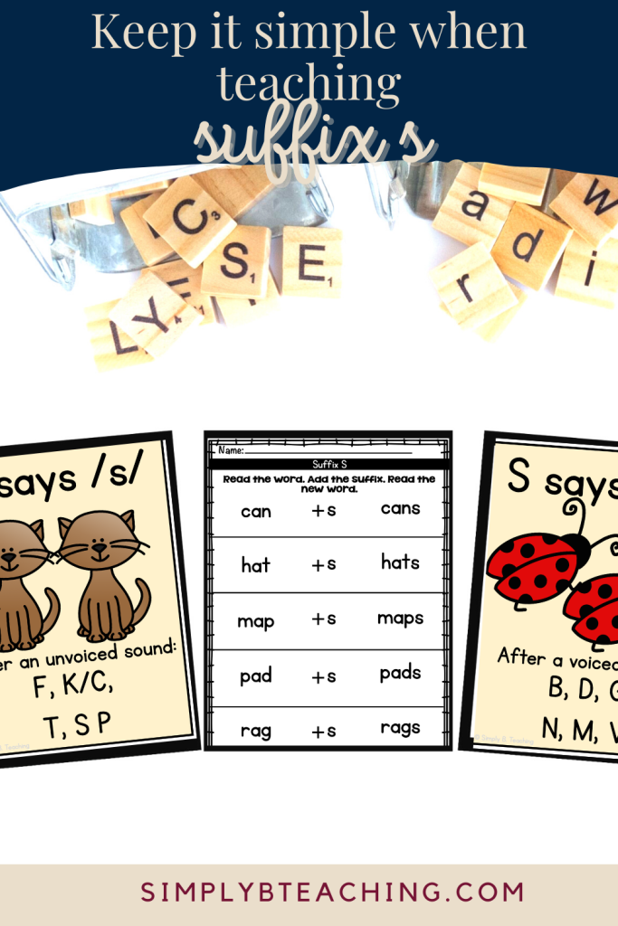 Suffix s posters sit below letter tiles. Text above reads: keep it simple when teaching suffix s.