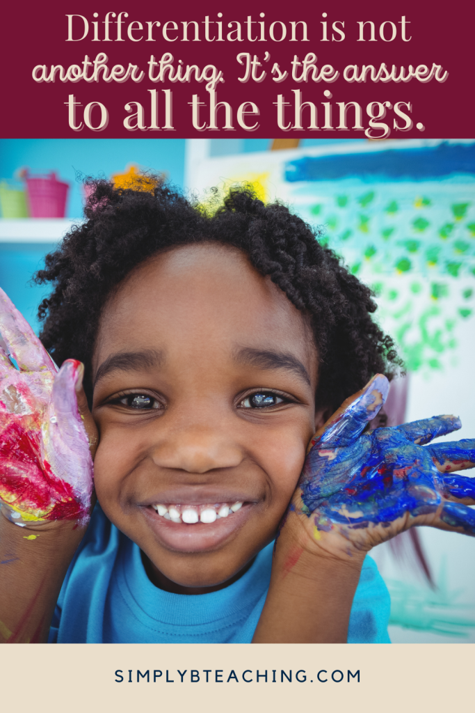 A black boy has red and blue on his hands and is smiling. Text above reads: differentiation is not another thing. It's the answer to all the things.